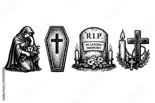 Funeral and Cemetery Symbols Vector Set in Woodcut Style