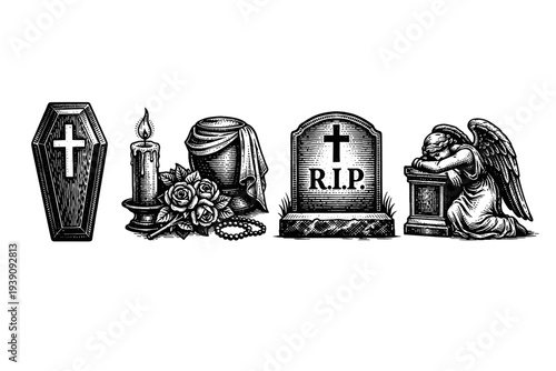 Funeral and Cemetery Symbols Vector Set in Woodcut Style