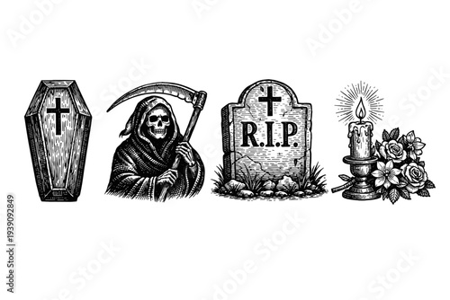 Funeral and Cemetery Symbols Vector Set in Woodcut Style