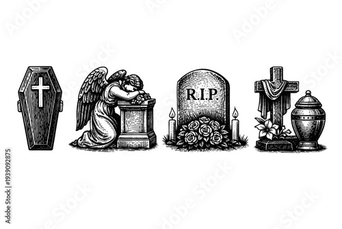 Funeral and Cemetery Symbols Vector Set in Woodcut Style