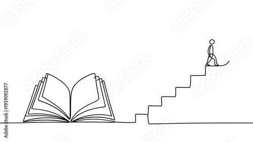 A single line drawing depicts a book transforming into ascending steps for a figure