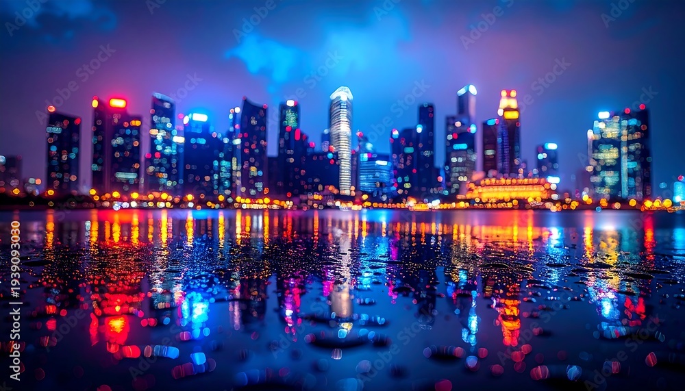 Obraz premium A vibrant cityscape at dusk with colorful lights reflected on water