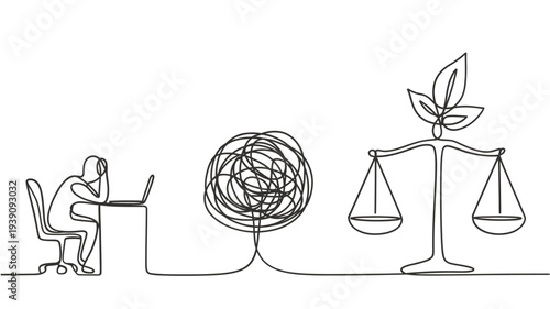 A person works on a laptop balanced against chaos and a growing plant