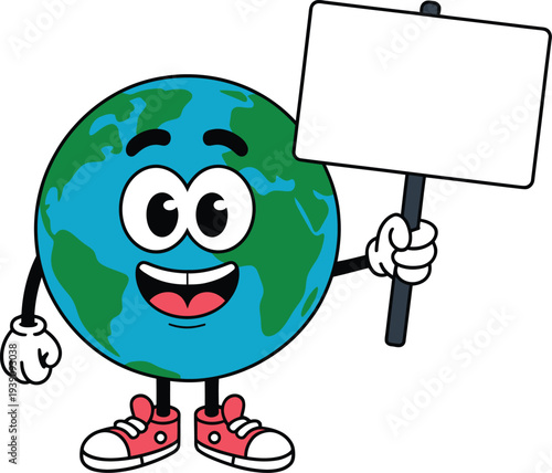 Cute Earth Globe Cartoon Mascot Character Holding Blank Protest Sign for Environmental Awareness and Climate Change Activism