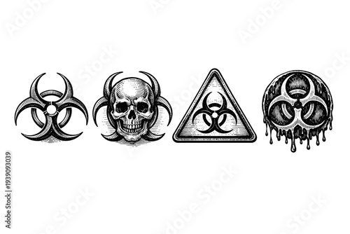 Biohazard Symbols and Toxic Warning Signs in Woodcut Style