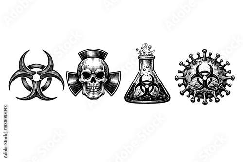 Biohazard Symbols and Toxic Warning Signs in Woodcut Style