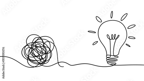 A tangled line transitions into a glowing lightbulb symbolizing creative solutions