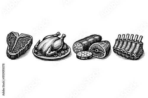 Butcher Meat Cuts and Poultry Vector Set in Hand Drawn Style