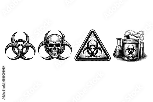 Biohazard Symbols and Toxic Warning Signs in Woodcut Style