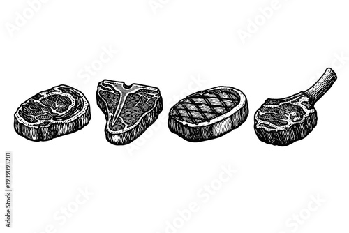 Grilled and Raw Meat Steaks Vector Set in Vintage Engraving Style