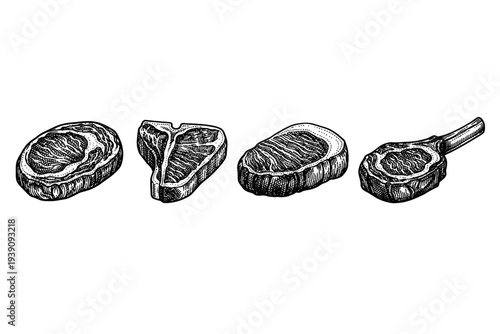 Grilled and Raw Meat Steaks Vector Set in Vintage Engraving Style