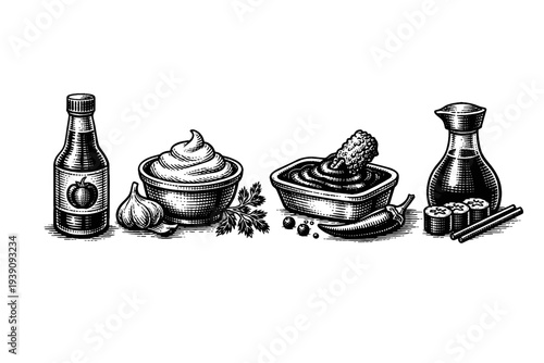 Vintage sauce Bottles Set with Labels in Engraving Style