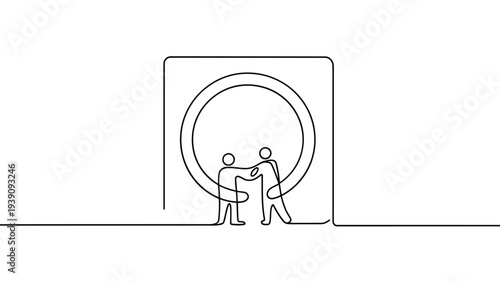 Minimalist line drawing depicts three figures embracing within a circular frame