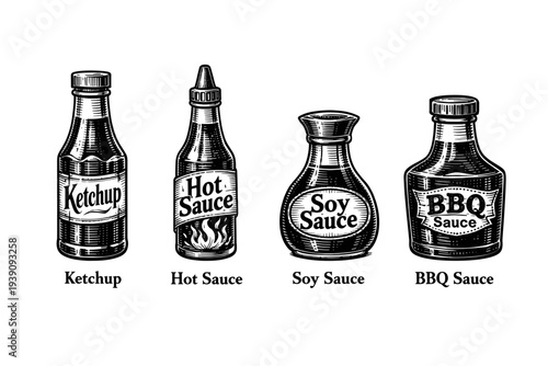 Vintage sauce Bottles Set with Labels in Engraving Style