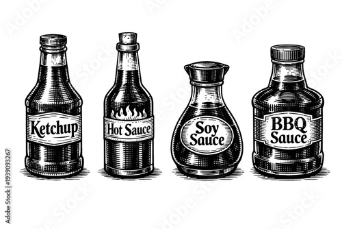 Vintage sauce Bottles Set with Labels in Engraving Style