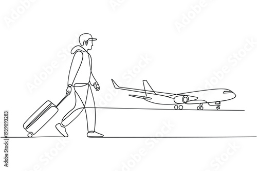 A minimalist line drawing depicts a traveler with luggage and an airplane