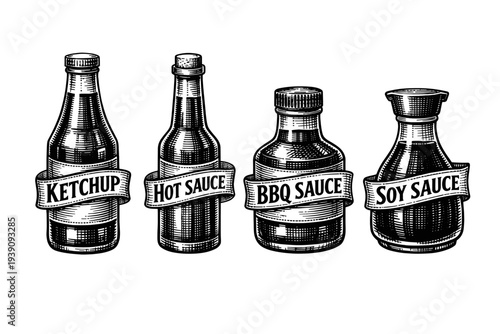 Vintage sauce Bottles Set with Labels in Engraving Style