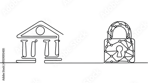 Line art illustration depicting a bank building and a secure padlock