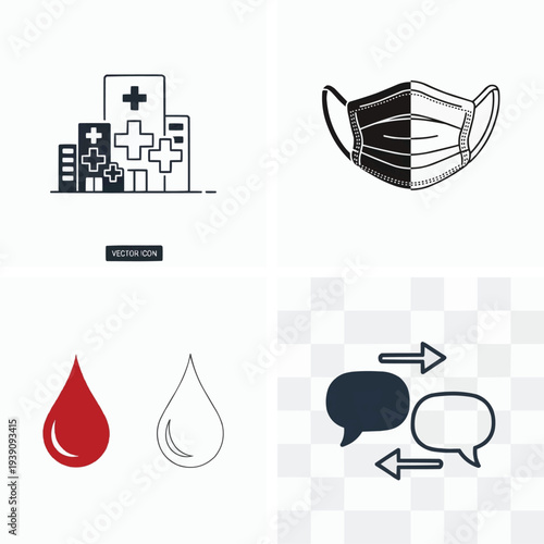 Medical icons collection including hospital buildings and face mask and blood drop symbols