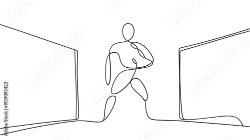 Continuous line drawing of a person stepping through a rectangular opening
