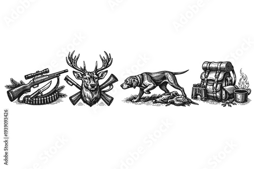 Hunting Equipment and Animals Vector Set in Vintage Woodcut Style