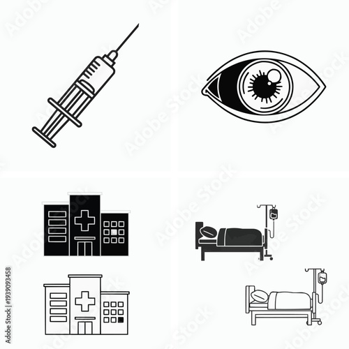 Medical icons collection including syringe eye hospital bed and healthcare facility symbols