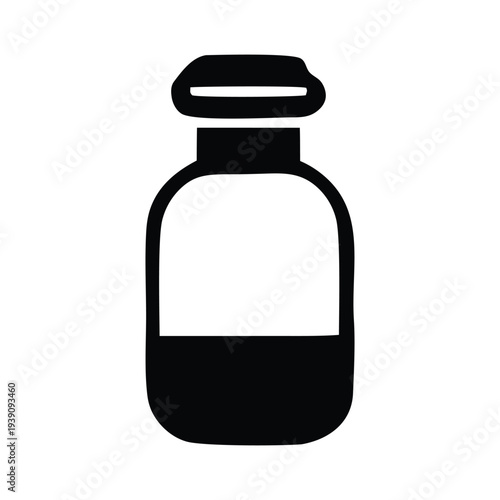 A simple black and white illustration of a small, stoppered bottle with a dark liquid inside, representing storage or medicine