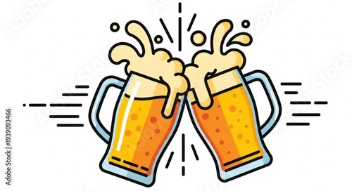 Two Mugs of Beer Clinking Together Celebration Toast.