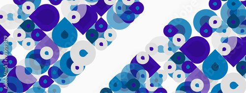 Abstract pattern features overlapping circles, varying shades blue, purple, white. Modern design, geometric shapes create dynamic visual texture.