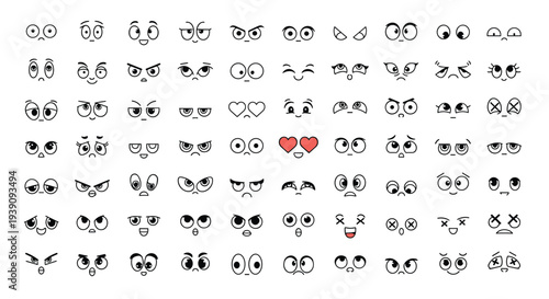 Grid of various cartoon eyes and mouthless faces showing a wide range of emotions from happy and surprised to angry and tired for character.