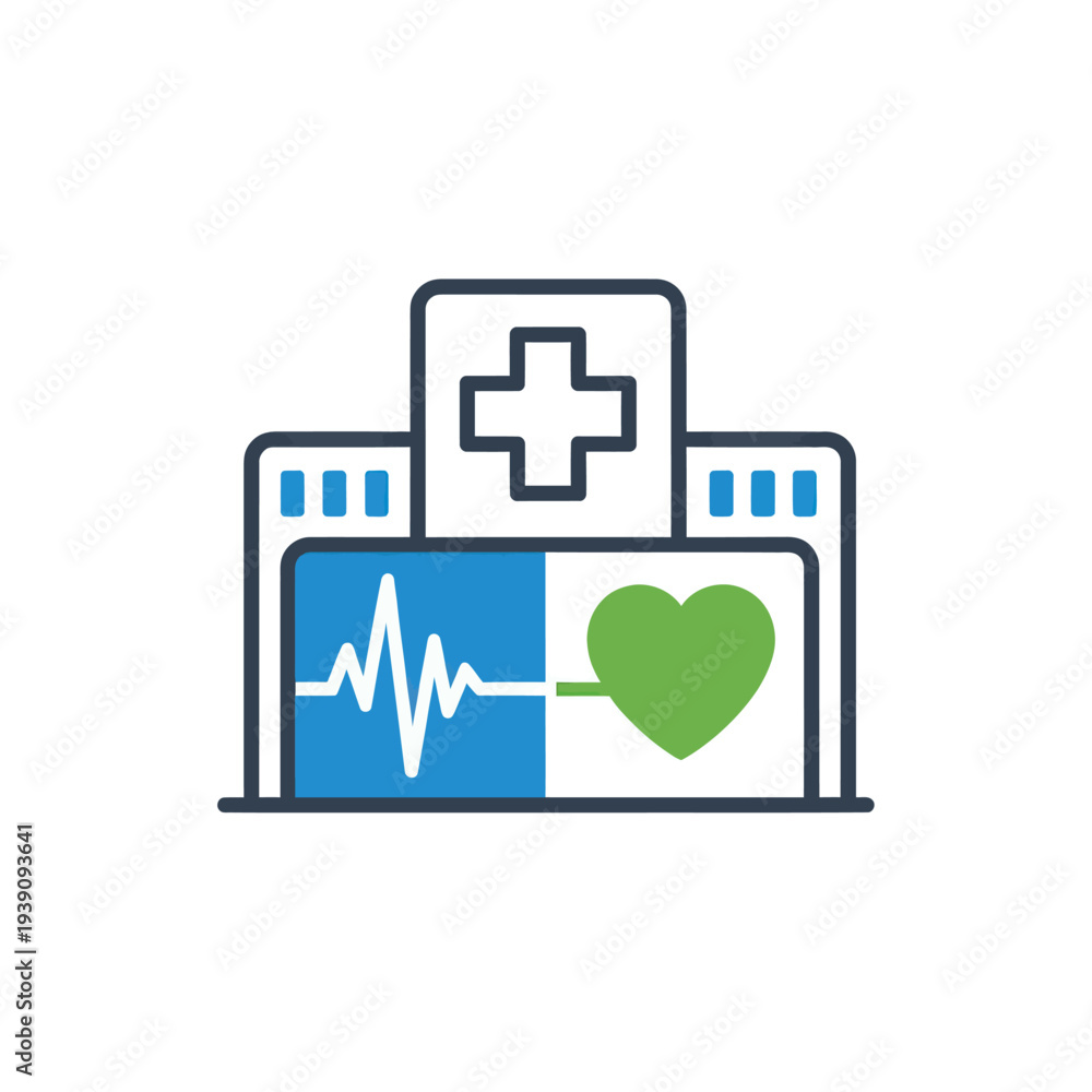Obraz premium Hospital building icon with heartbeat monitor and heart