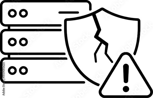 Server Security Breach Minimal Line Art Illustration - Data Protection Failure Minimalist Icon with Warning Sign
