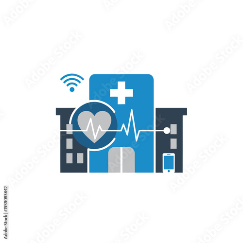 Smart hospital building with heart monitor, Wi-Fi, and mobile connectivity