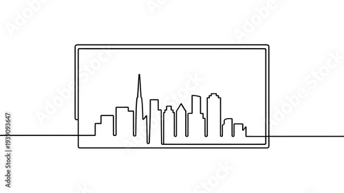A continuous line drawing depicts a cityscape within a rectangular frame