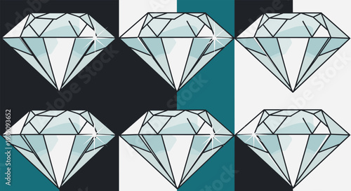 Luxury pattern featuring large shiny diamonds arranged in a grid over a geometric background of black white and teal rectangular shapes.