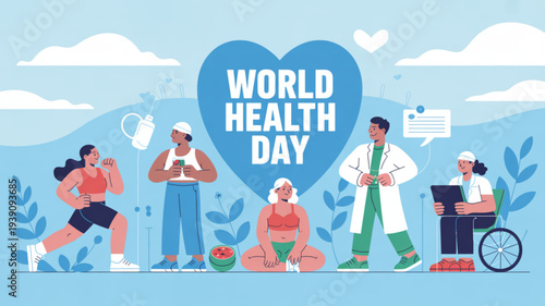 World health day illustration with diverse people promoting wellness and healthcare