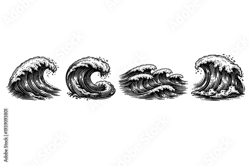 Ocean Waves and Sea Water Surges Vector Set in Woodcut Style