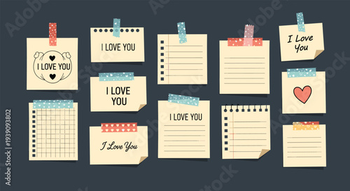 Set of yellow sticky notes and pieces of paper with I Love You messages and hearts attached with colorful washi tape on a dark wall background.