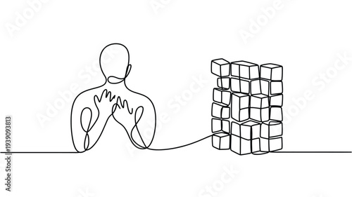 A person contemplates a precarious tower constructed from stacked cubes