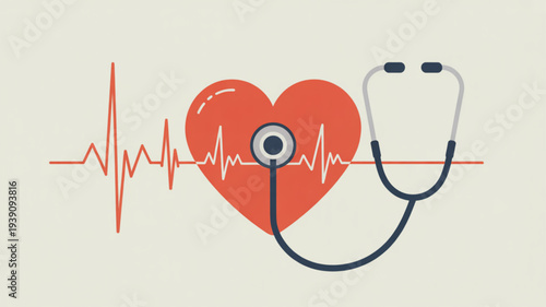 Red heart with stethoscope and heartbeat line graphic illustration on light background symbolizing health and medical care