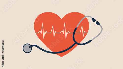 Heart health concept with stethoscope and ecg line on red heart symbol representing medical care and wellness