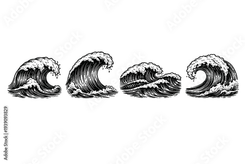 Ocean Waves and Sea Water Surges Vector Set in Woodcut Style