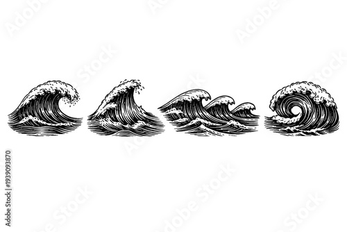 Ocean Waves and Sea Water Surges Vector Set in Woodcut Style