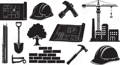 Construction site icons and tools for building projects and architecture plans