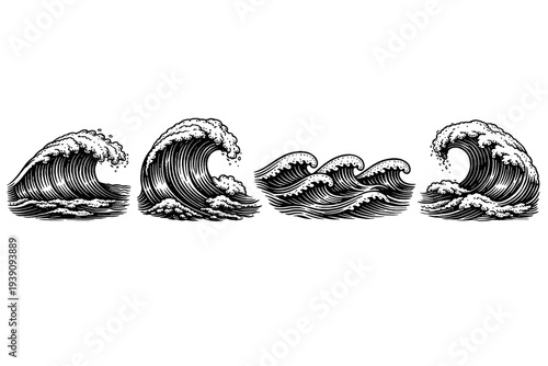 Ocean Waves and Sea Water Surges Vector Set in Woodcut Style