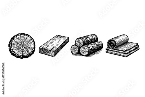 Wood Logs and Lumber Industry Vector Icons in Hand Drawn Style