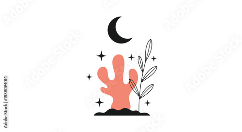 Minimalist and abstract mystical illustration featuring a black crescent moon sparkly stars a pink cactus and a botanical plant stem on white.