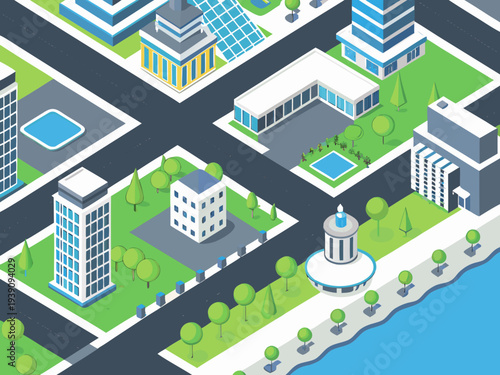 Isometric illustration of a modern city with buildings parks and a waterfront