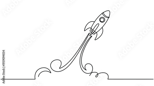 A continuous line drawing depicts a rocket launching with fiery exhaust