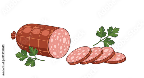 Realistic food illustration of a large log of cured salami sausage with fresh green parsley leaves and circular slices.